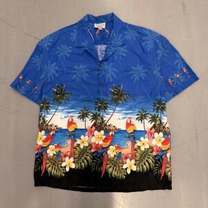Pacific Legend Apparel Mens Hawaiian Shirt Blue Parrot Palm Tree Beach Scene
